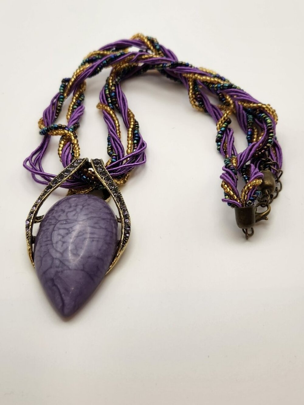 Stone pendant necklace with twist beaded cord gold tone colorful NEW - Picture 3 of 5